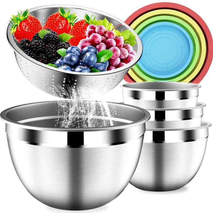 DUTZUN Mixing Bowls with Strainer, Mixing Bowl with Lids Set, Stainless Steel Mixing Bowls, Kitchen Gadgets 2025 Salad Bowls with Strainer for Mixing & Preping & Baking, Multicolor