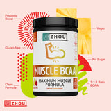 Zhou Nutrition Muscle BCAA Powder, Vegan Muscle Recovery, Natural, Clean Formula for Optimal Absorption, Probiotic Boost, Vitamin C, Gluten and Sugar Free, Tropical Punch, 30 Servings
