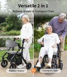 VOCIC Rollator-Walkers-for-Seniors-with-Seat, Walker Wheelchair Combo, Transport-Wheelchair-Lightweight-Foldable, Adult Walkers All Terrain, 2 in 1 Rolling Walker Chair with Brakes & Pouch-2024 New