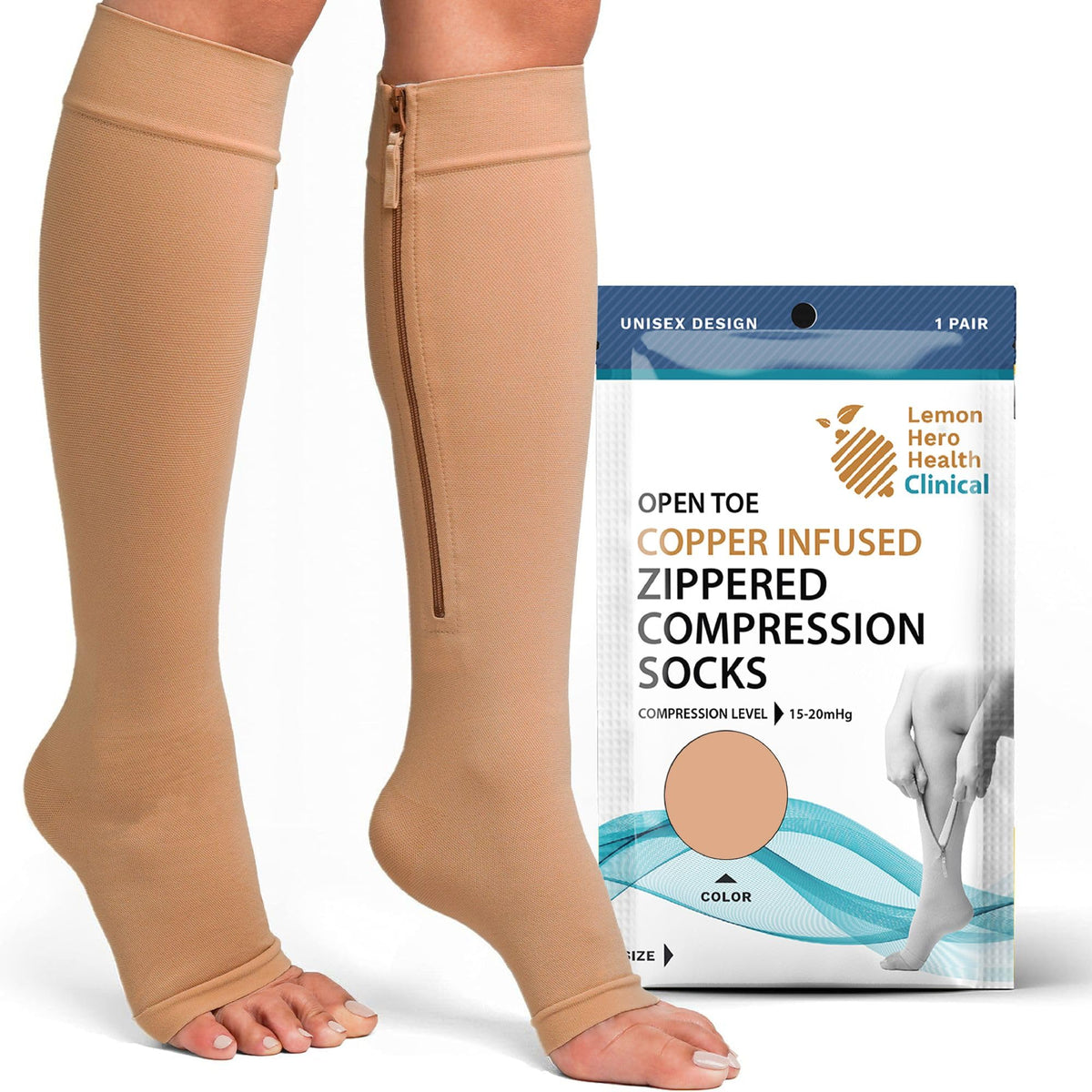 Lemon Hero - Medical 15-20 mmHg Zipper Compression Open-Toe Beige, Bie ...