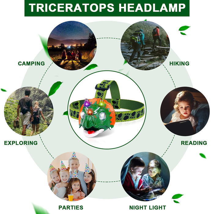 Triceratops LED Headlamp - Dinosaur Headlamp for Kids Camping Gear Essentials | Dinosaur Toy Head Lamp Flashlight for Boys Girls or Adults | Ideal Gift for Birthday, Halloween, Christmas, New Year