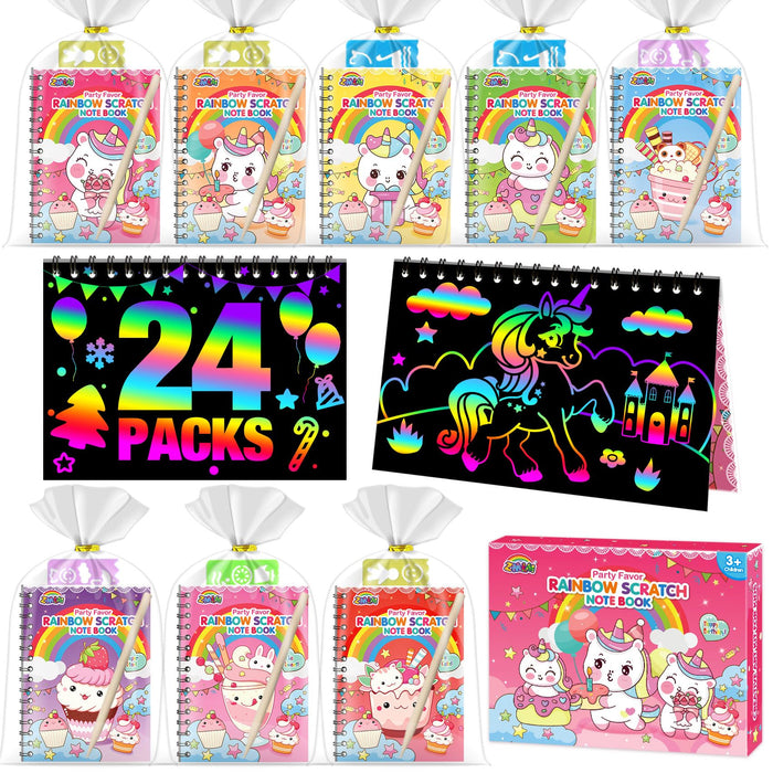 ZMLM Kids Scratch Party Favors Gifts: 24 Pack Unicorn Scratch Art Notebooks Birthday Gifts Rainbow Party Favors Toys Girls Boys Bulk Art Craft Kit Stocking Stuffers Classroom Prizes Christmas Gift