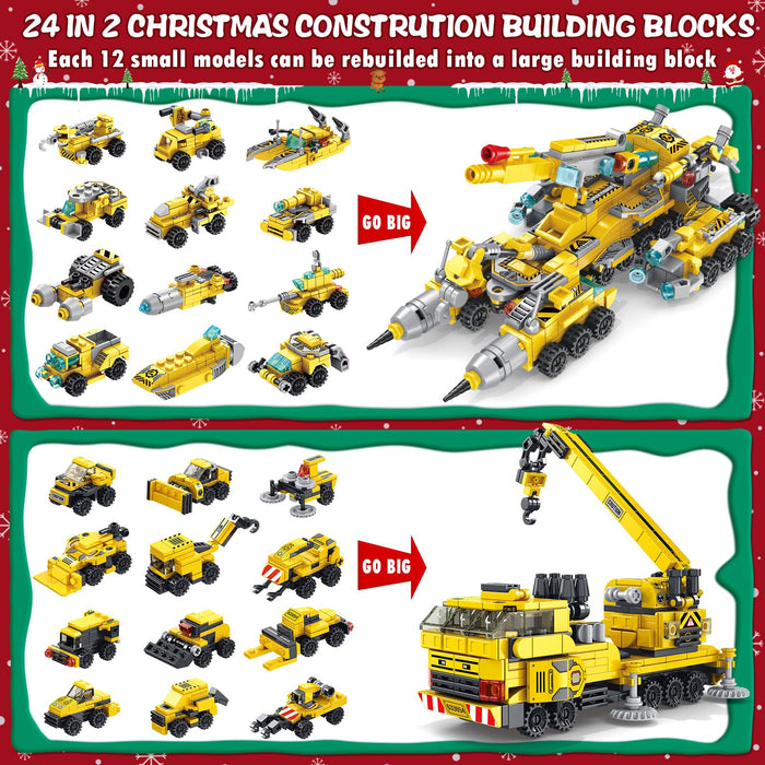 Kids Advent Calendar 2024 for Boys, 24 Days Christmas STEM Construction Vehicles Building Blocks Countdown Calendar Gifts Box with 12-in-1 Engineering Truck Bricks Toys Set for Kids Teens Girls Age 6+