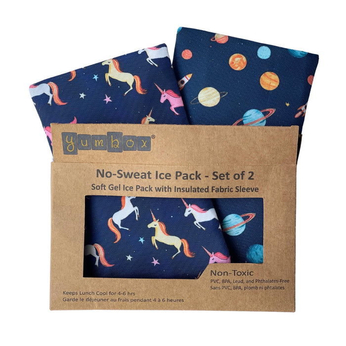 Yumbox Reusable Soft Ice Packs with Fabric Sleeve for Lunch Box and Cooler, Sweatproof, Pack of 2 Gel Ice Packs, Outer Space and Unicorns Prints