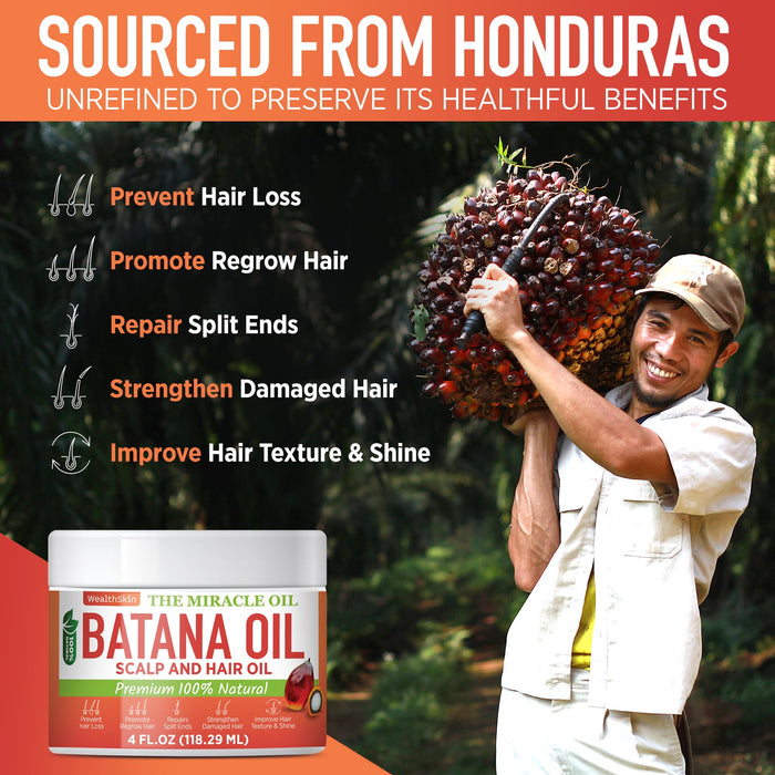 WEALTHSKIN Batana Oil for Hair Growth: 100% Batana Oil from Honduras as Hair Mask, Scalp and Hair Oil. Repairs Damaged Hair & Skin, Reduces Hair Loss 4oz (4oz (118ml))