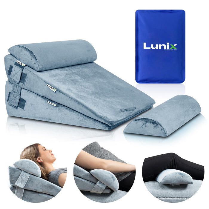 Lunix 4pcs Orthopedic Bed Wedge Pillow Set, Post Surgery Memory Foam for Back, Leg, and Knee Pain Relief, Adjustable Sitting Pillow for Sleeping, Acid Reflux, and GERD, with Hot Cold Pack, Gray