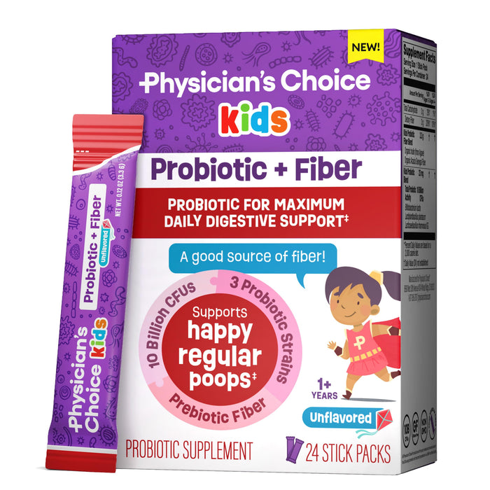 Physician's Choice Kids Probiotic + Prebiotic Fiber Packets (Ages 1+) - Supports Regularity, Occasional Constipation & A Healthy Digestive System - No Allergens or Preservatives - Unflavored - 24 Pack