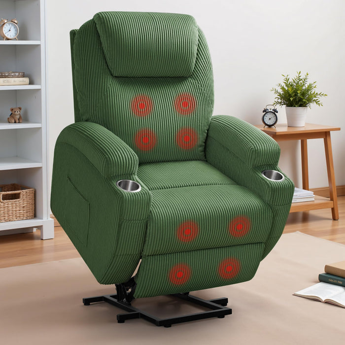 Flamaker Power Lift Recliner Chair with Massage for Elderly Ergonomic Lounge Chair Classic Single Sofa with 2 Cup Holders Side Pockets Home Theater Seat (Corduroy, Green)