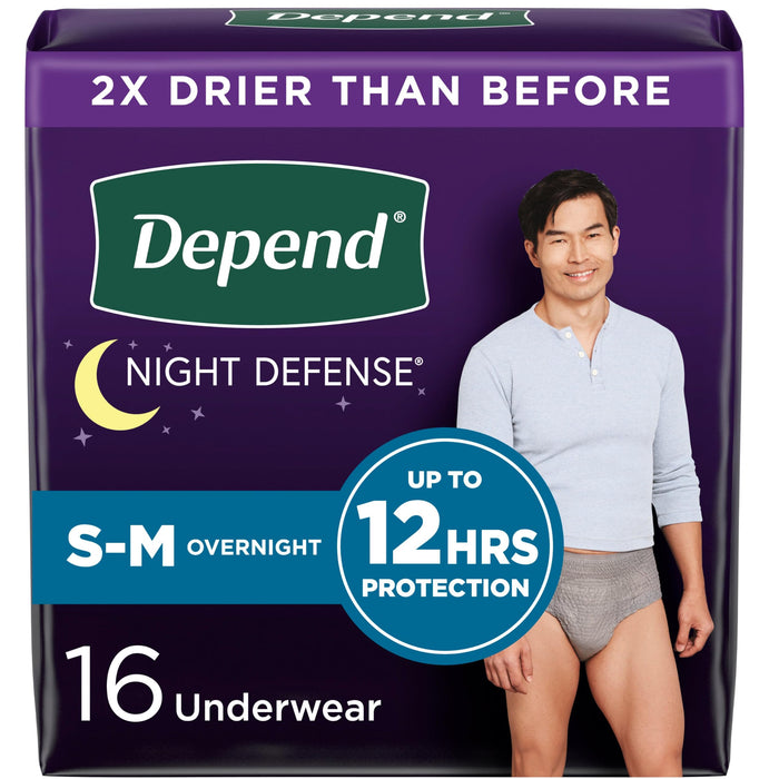 Depend Night Defense Adult Incontinence Underwear for Men, Disposable, Overnight, Small/Medium, Grey, 16 Count, Packaging May Vary