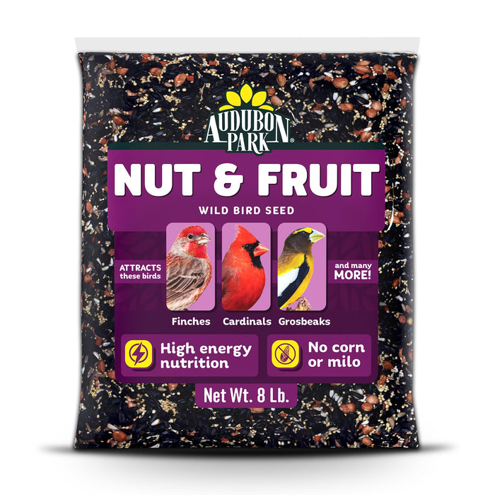 Audubon Park Nut & Fruit Wild Bird Seed – 8 lb. Premium Blend with Sunflower Seeds, Peanuts, Safflower & Dried Fruit – Bird Food for Outside Feeders