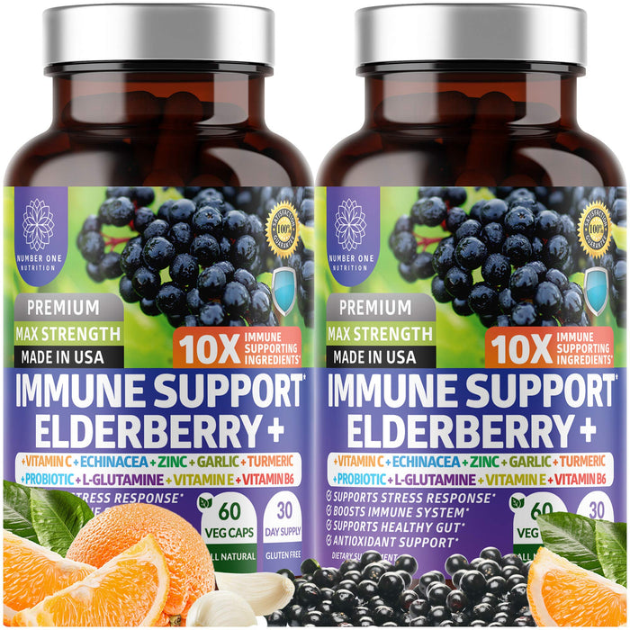 2 Pack N1N Premium 10 in 1 Immune Support Supplement [10 Potent Ingredients] with Elderberry, Vitamin C, Zinc, Echinacea, Turmeric Curcumin, Garlic and Probiotics for Adults, 120 Veg Caps