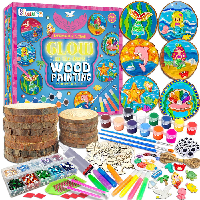 klmars Mermaid Themed Wooden Painting Kit-Glow in The Dark-Arts & Crafts Gifts for Kids Girls Ages 5-12-Wood Slice Craft Activities Kits -Mermaid Art Toys for Kids Christmas Gifts