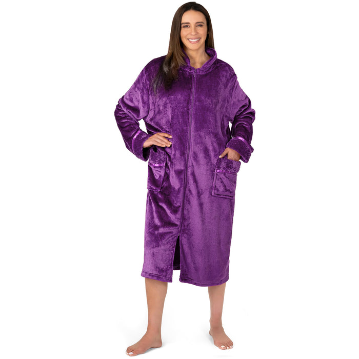 PAVILIA Womens Housecoat Zip Robe, Fleece Zip Up Front Robe Bathrobe, Plush Warm Zipper House Coat Lounger for Women Ladies Elderly with Satin Trim, Pockets, Long Plus Size - Purple (2x/3x)