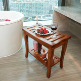 VaeFae Teak Shower Bench, Spa Bath Shower Stool with Storage Shelf, Wooden Seat Stool for Bathroom