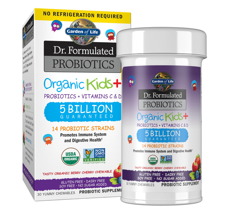 Garden of Life Dr. Formulated Probiotics Organic Kids+ Plus Vitamin C & D - Berry Cherry - Gluten, Dairy & Soy Free Immune & Digestive Health Supplement, No Added Sugar, 30 Chewables (Shelf Stable)