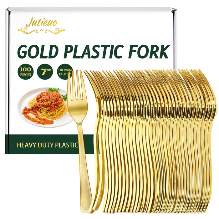 Jutieuo Gold Plastic Forks 7.4 Inch (100-Count) Exquisite Gold Forks Disposable Plastic Silverware Gold Plastic Cutlery for Parties, Weddings, Catering Events