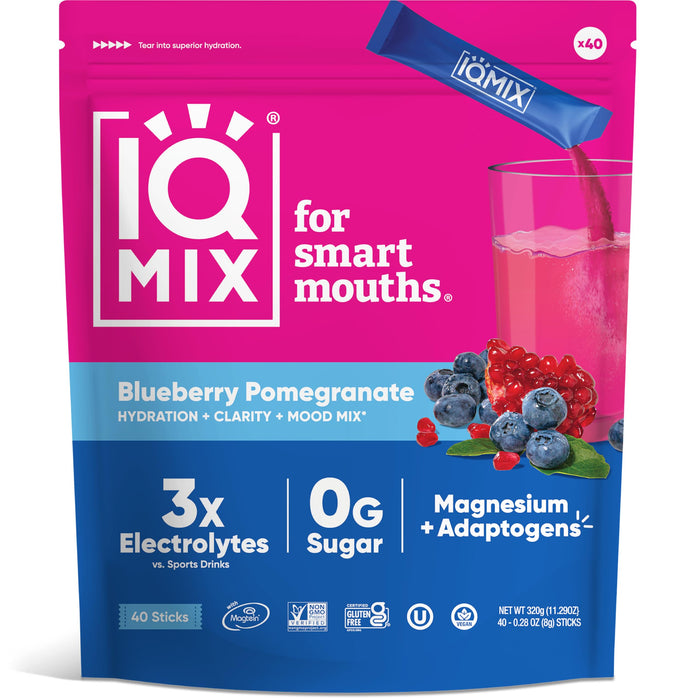 IQMIX Sugar Free Electrolytes Powder Packets - Hydration Supplement Drink Mix with Keto Electrolytes, Lions Mane, Magnesium L-Threonate, and Potassium Citrate - Blueberry Pomegranate (40 Count)