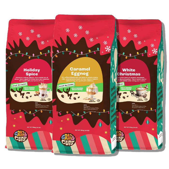 Crazy Cups Decaf Flavored Holiday Ground Coffee Variety Pack, Includes Decaffeinated Holiday Spice, White Christmas, Caramel Eggnog in 10 oz Bags, 3 Pack