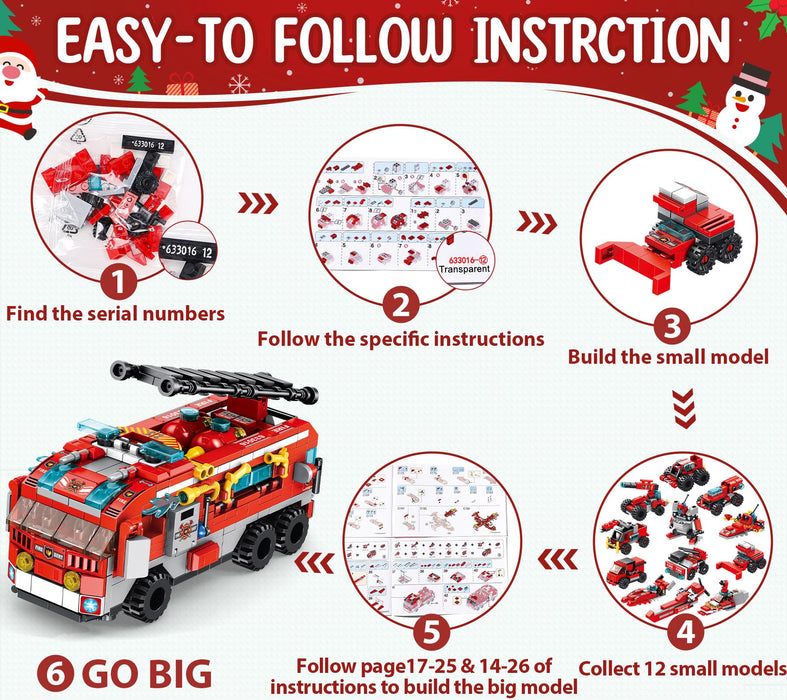 Kids Advent Calendar 2024 for Boys, 24 Days Christmas STEM Fire Rescue Building Blocks Countdown Calendar Gifts Box with 12-in-1 Construction Plane Truck Bricks Toys Set for Kids Teen Girl Boy Age 6+