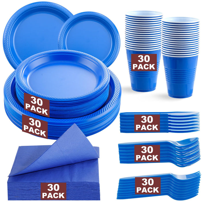 WELLIFE 210 Pcs Blue Party Supplies, Disposable Dinnerware Set, Including Blue Plastic Plates and Napkins, Blue Plastic Cutlery and 12OZ Blue Cups, Serve 30 Guests for Party