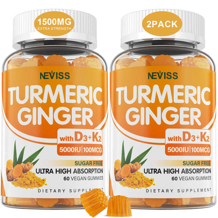 Sugar-Free Turmeric & Ginger Gummies with Vitamin D3 & K2 – 1500 mg, 5000 IU – Vegan, 60 Count