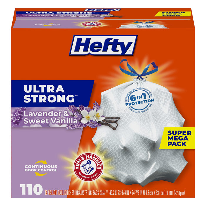 Hefty Ultra Strong 13 Gallon Trash Bags, Tall Kitchen Trash Bags, Break Resistant Drawstring Enclosure, Resists Leaks and Punctures, Odor Neutralizer, White, Lavender and Sweet Vanilla, 110 Bags