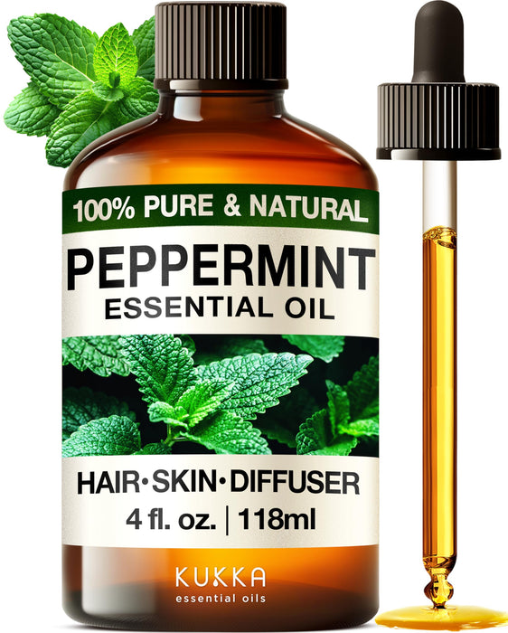 Kukka Peppermint Oil - Huge 4 Fl Oz - 100% Pure Natural Peppermint Essential Oil to Invigorate & Awaken Your Senses - Experience Strong Refreshing & Cooling Mint Oil for Skin Hair & Soap Making Scent