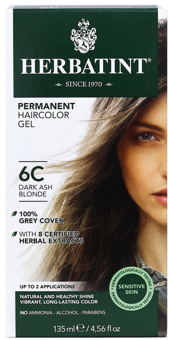 Herbatint Permanent Haircolor Gel, 6C Dark Ash Blonde, Alcohol Free, Vegan, 100% Grey Coverage - 4.56 oz