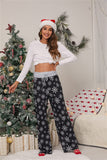 iChunhua Women Christmas Pajamas Elastic Waist Wide Leg Drawstring Palazzo Trousers Black Snowflake M