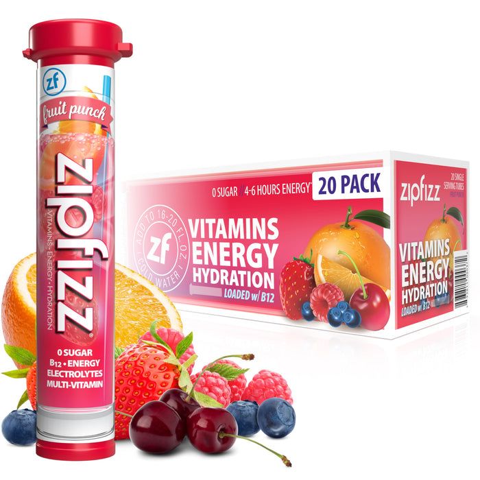 Zipfizz Daily Energy Drink Powder, Fruit Punch, 20 Pack 3-in-1 Sustained Energy, Rapid Hydration, and Essential Vitamins Sugar-Free Electrolyte Powder Contains Vitamin B-12 & Antioxidants