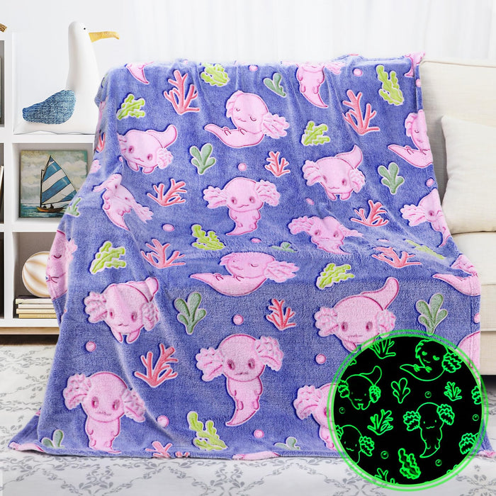KIVEE Axolotl Gifts for Girls Kids, Glow in the Dark Axolotl Blanket for Toddler Girl, Axolotls Toys Stuff, Girls Birthday Gifts Kids Teens Christmas, Cute Axolotls Bedroom Decor, 50"x60"