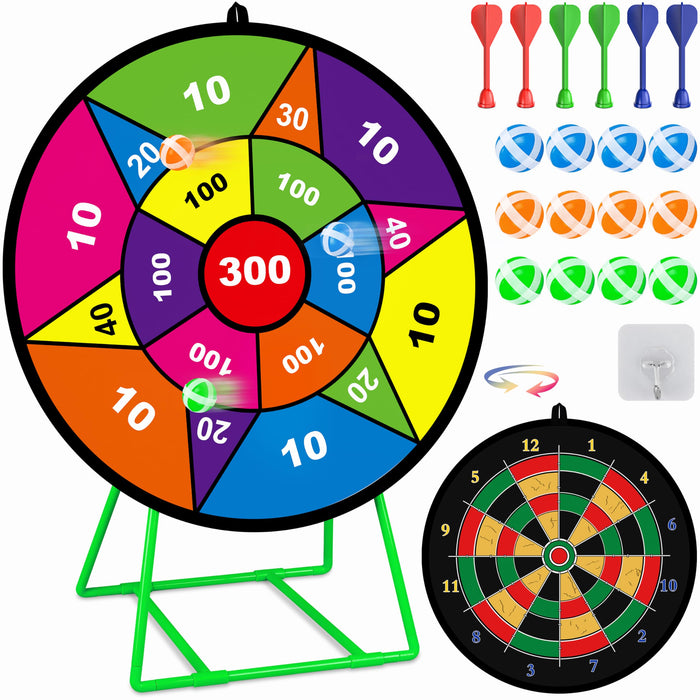 Large Dart Board for Kids with Stand, Double Sided Kids Dart Board with 12 Sticky Balls and Darts,Family Party Party Supplies for Kids, Gift for Boys Toddlers 3 4 5 6 7+ Year Old Birthday Christmas