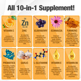 10 in 1 Immune Support Supplement (No Fillers) | Vitamin C, Zinc, Elderberry, Echinacea, Turmeric, Probiotics |Immunity Booster for Multi-System Immune Defense, Respiratory & Gut health |60 Day Supply