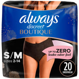 Always Discreet Boutique Incontinence and Postpartum Underwear for Women, Maximum Protection, S/M, Black, 20 Count (Packaging May Vary)