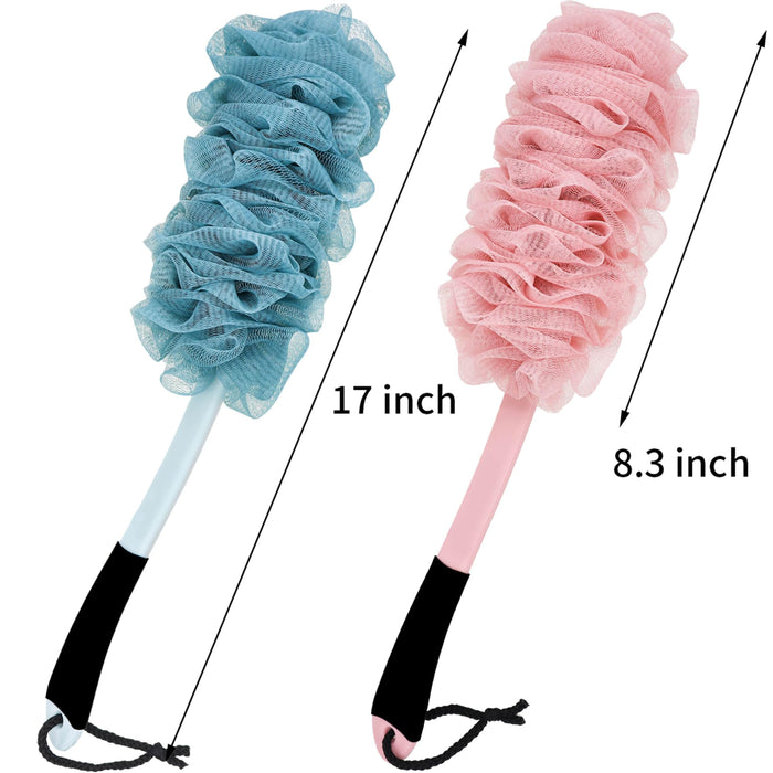 Jxicleang Back Scrubber for Shower, Back Loofah with Non-Slip Handle, Shower Loofah with Handle, Soft Nylon Mesh Sponge On a Stick for Men Women Elderly Kids (Blue+Pink)