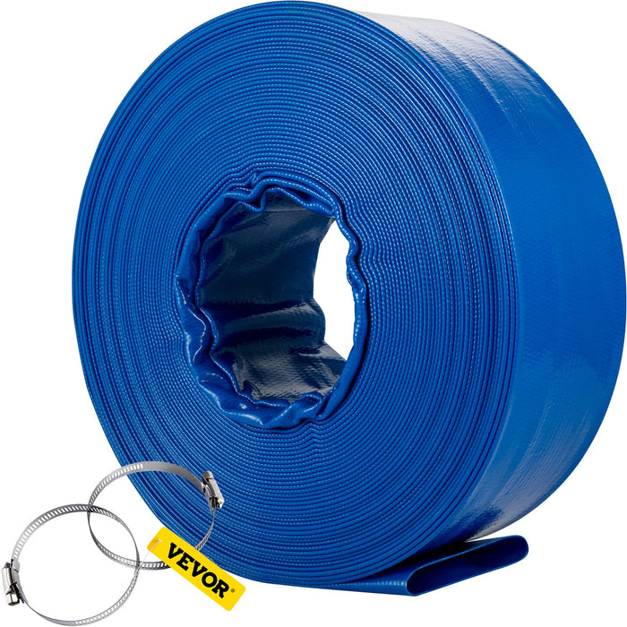 VEVOR Discharge Hose, 4' x 105', PVC Lay Flat Hose, Heavy Duty Backwash Drain Hose with Clamps, Weather-proof & Burst-proof, Ideal for Swimming Pool & Water Transfer, Blue