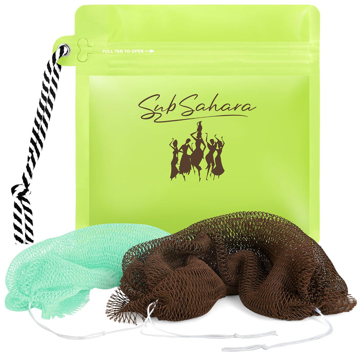SubSahara African Net Sponge Authentic - 2 Pieces Exfoliating Scrubber for All Skin Types, Ideal for Face & Body Daily Use, Durable, Gentle Exfoliation (Green & Brown)
