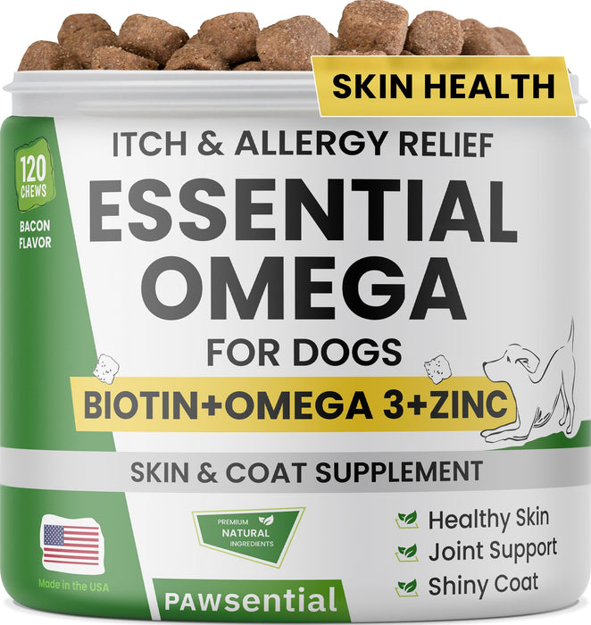 Pawsential Omega 3 for Dogs - for Dry Itchy Skin - Fish Oil Chews - Skin & Coat Supplement - Itch Relief, Allergy, Anti Shedding, Hot Spots Treatment - w/EPA & DHA - Vitamins - Made in USA-120 Treats