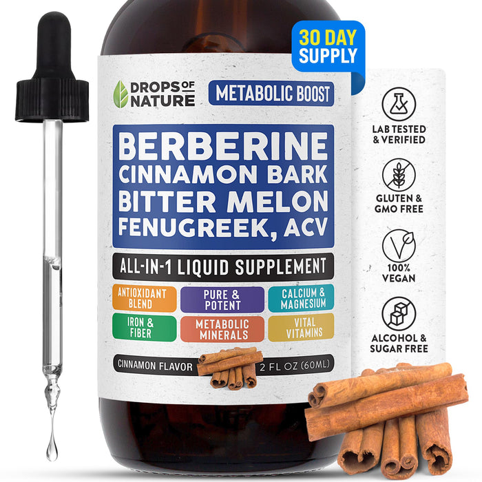Berberine Supplement & Keto Apple Cider Vinegar Liquid Drops - Enriched with Cinnamon & Fenugreek - Vegan, Mix with Drinks - Quick Absorption than ACV Gummies & Capsules - Daily Boost (Cinnamon, 60mL)