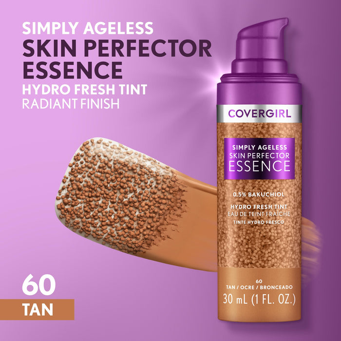 Covergirl Simply Ageless Skin Perfector Essence Foundation, 60 Tan, Tinted Skin Perfector, Skincare Makeup Hybrid, Sheer Tint, Radiant Finish, Skin-Like Finish, Vegan Formula, 1.0oz