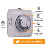 GE 24-Hour 2 Grounded Outlets Mechanical Outlet Timer, Timers for Electrical Outlets Indoor, Light Timers Indoor, Daily ON/OFF Cycle, Timer for Lights Inside, Christmas Tree Timer, 15075