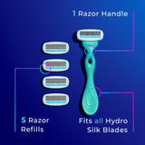 Schick Hydro Silk Sensitive Women's Razor | 5-Blade Razors for Women Sensitive Skin | Womens Razors Sensitive Skin | 1 Handle & 5 Razor Blade Refills