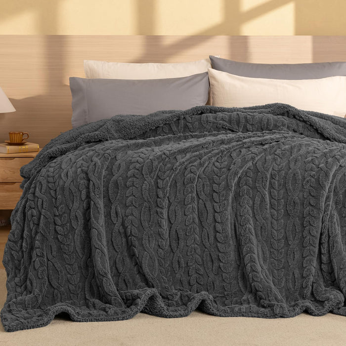 PHF Fluffy Sherpa Blanket Queen Size for Winter, Warm and Soft, 510GSM 3D Jacquard Thick Shaggy Fleece Plush Blanket for Sofa Bed, Dark Grey, 90"x90"