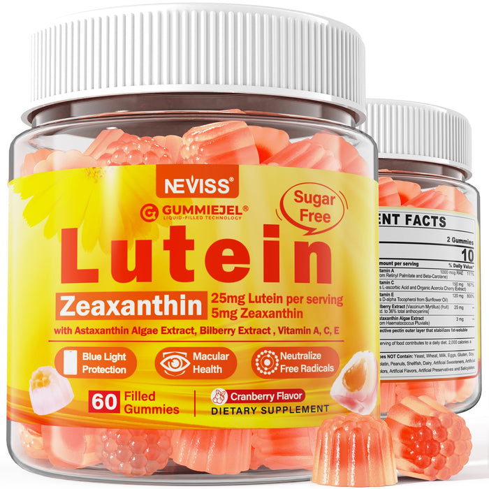 Sugar-Free Lutein Zeaxanthin Supplements Gummies (25mg) Vitamins A, C, E, Bilberry, Astaxanthin - Coconut Oil for Better Absorption - Adults & Teens Vision Health, Eye Strain, Dry Eyes - Vegan, 60Cts
