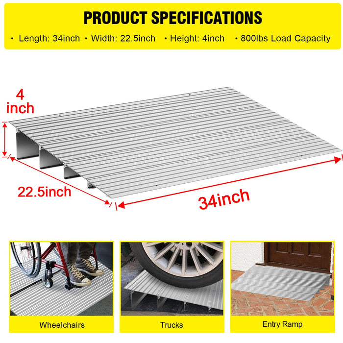 Door Threshold Ramp 4" Rise Door Ramp Aluminum Entry Ramp or Doorways Rated 800 lbs Load Capacity forWheelchair Scooters Power Chairs Walkers Metallic