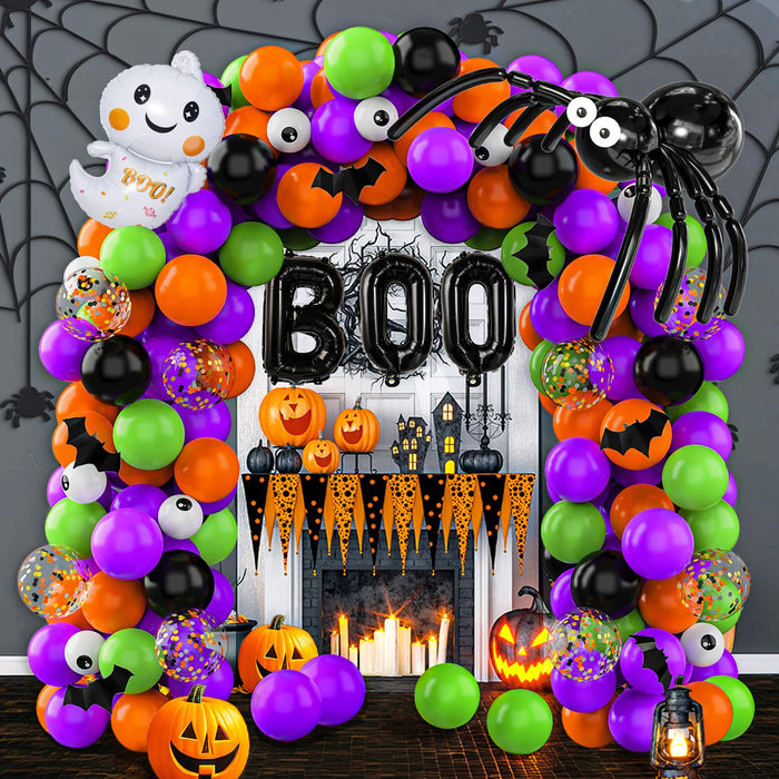 114 Pcs Halloween Balloons Garland Arch Kit, Orange Black Purple Latex Party Balloons Set with Pumpkin Spider Bat Tree Man BOO Foil Balloons and Confetti Balloons for Halloween Party Decorations