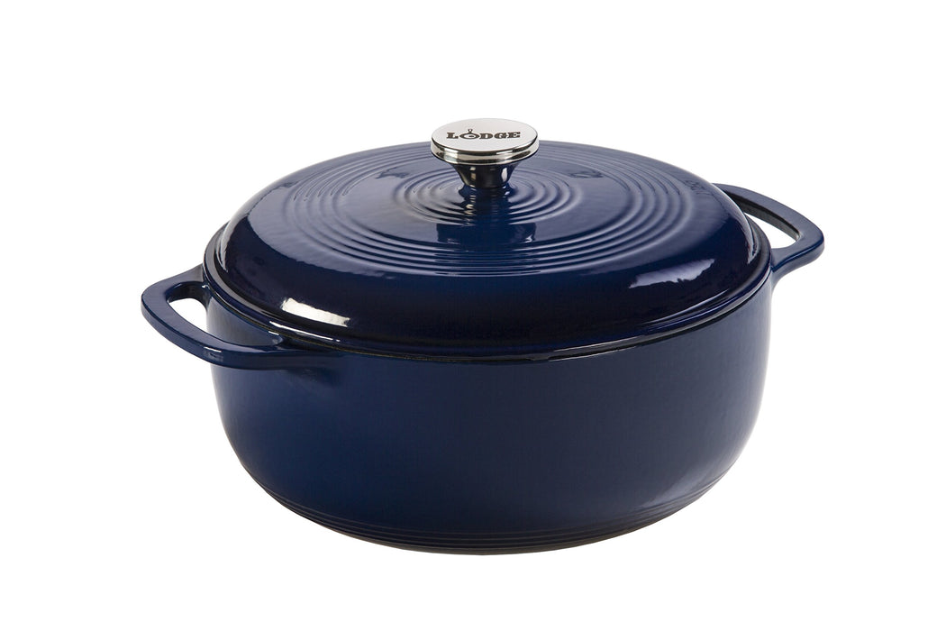 Lodge 6 Quart Enameled Cast Iron Dutch Oven with Lid – Dual Handles – Oven Safe up to 500° F or on Stovetop - Use to Marinate, Cook, Bake, Refrigerate and Serve – Indigo