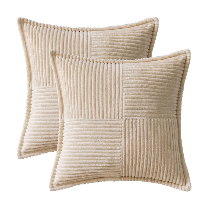 MIULEE Beige Corduroy Pillow Covers 24x24 inch with Splicing Set of 2 Super Soft Boho Striped Christmas Pillow Covers Broadside Decorative Textured Throw Pillows for Couch Cushion Livingroom