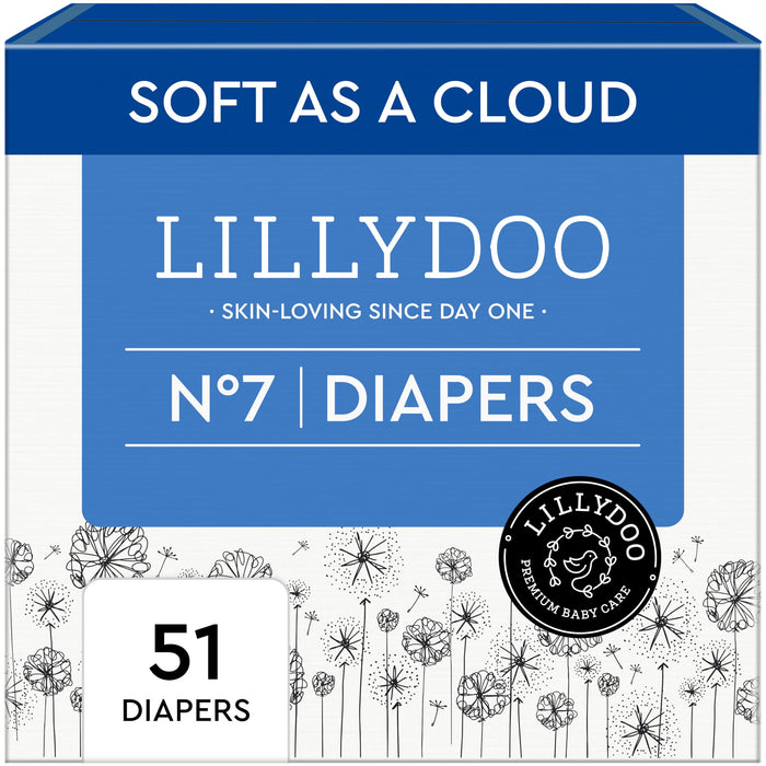LILLYDOO Baby Diapers - Size 7 (33+ lbs), Half-Monthly Supply (51 Count), Leak Protection, Skin-Friendly, Ultrasoft, Perfume- & Chlorine-Free, Hypoallergenic, Dermatologist Tested, Oeko-TEX®