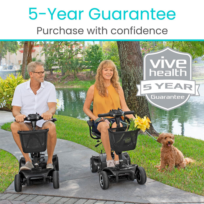 Vive 4 Wheel Mobility Scooter - Electric Powered Wheelchair Device - Compact Heavy Duty Mobile for Travel, Adults, Elderly - Long Range Power Extended Battery with Charger and Basket Included